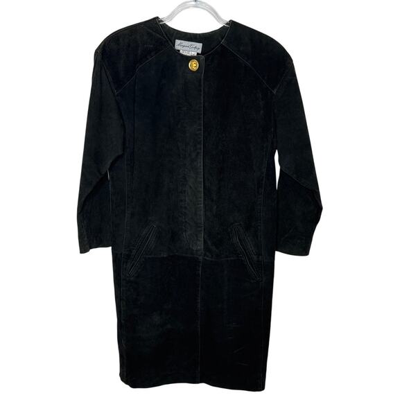 1990s Margaret Godfrey Suede Leather Black Minimalist Dress Size 6 - Picture 2 of 14